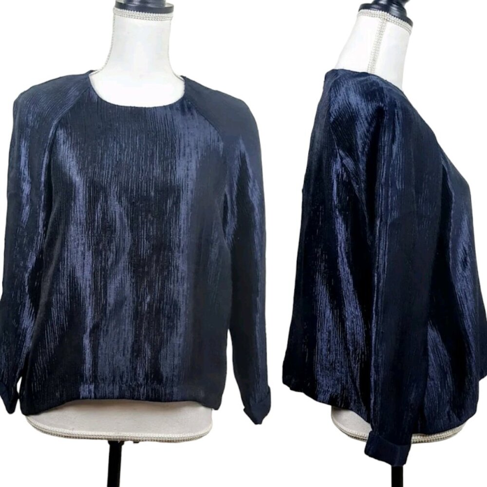 NWT TOPSHOP Evening Top, Blue Viscose Shiny Long Sleeve Zipper RETAIL $90, 2
